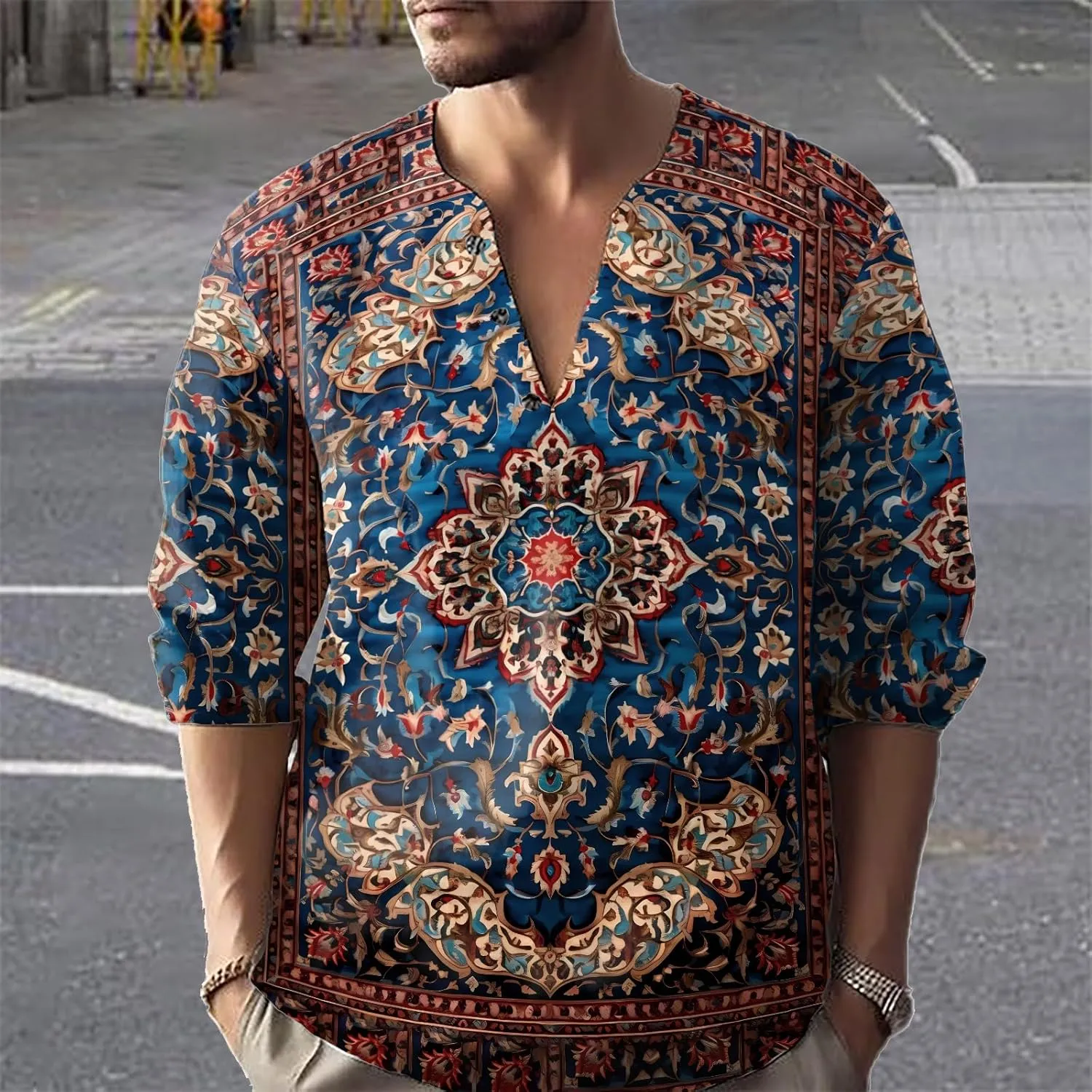Henley Shirts for Men Ethnic Print Half Button Pullover Long Sleeve 2025 Summer Novelty Stylish Yoga Casual T-Shirt