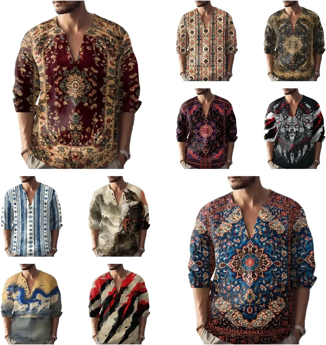 Henley Shirts for Men Ethnic Print Half Button Pullover Long Sleeve 2025 Summer Novelty Stylish Yoga Casual T-Shirt