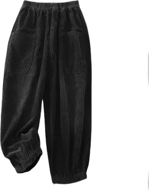 HGps8w Women's Vintage Baggy Corduroy Pants, Elastic Waist Pull On Retro Loose Harem Trousers with Pockets