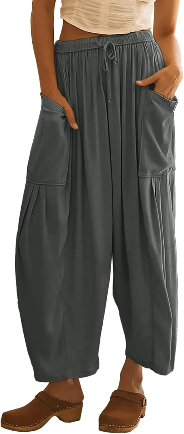 HOTIAN Women Wide Leg Pants Summer Casual Beach Loose Fit Drawstring Palazzo Harem Pant with Pockets