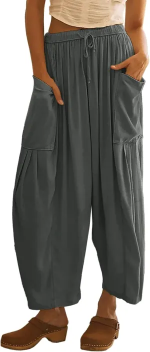 HOTIAN Women Wide Leg Pants Summer Casual Beach Loose Fit Drawstring Palazzo Harem Pant with Pockets