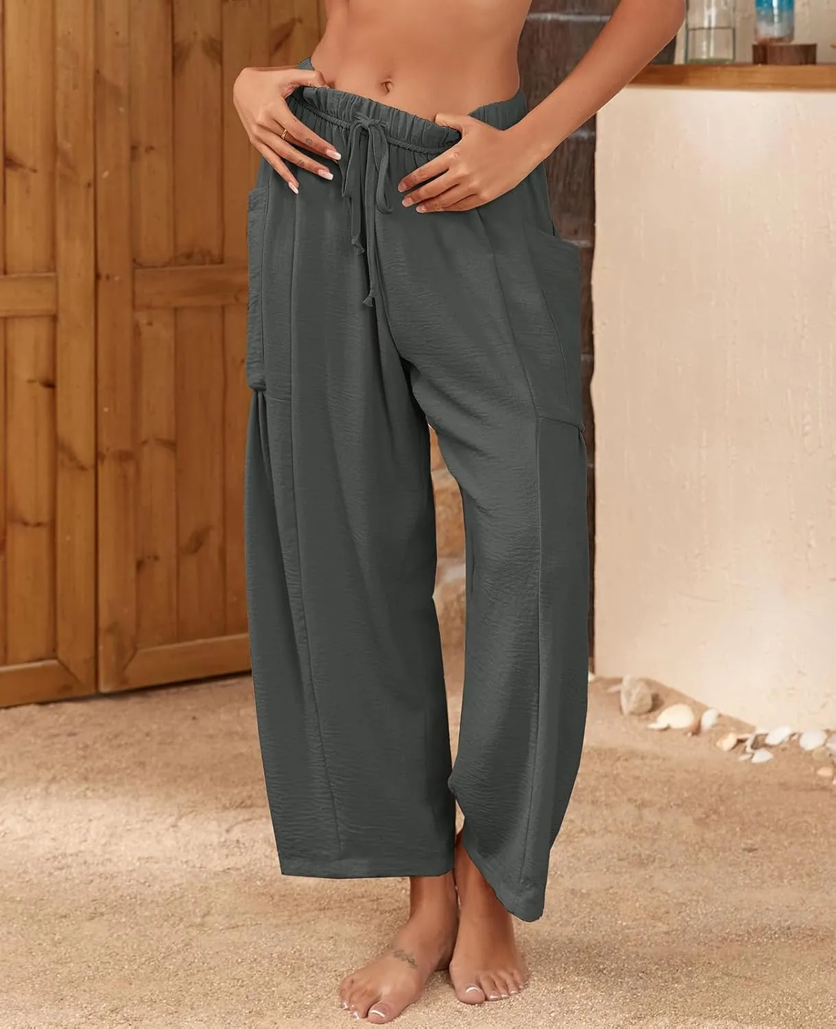 HOTIAN Women Wide Leg Pants Summer Casual Beach Loose Fit Drawstring Palazzo Harem Pant with Pockets