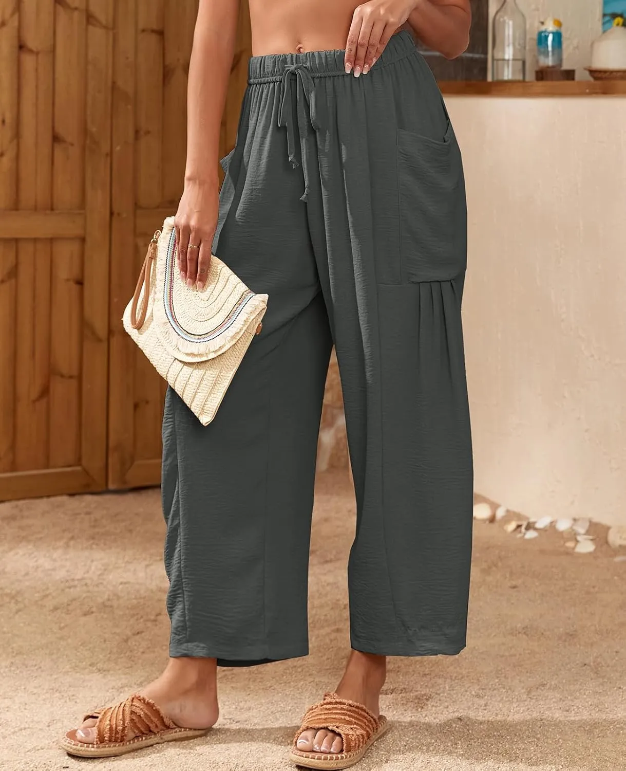 HOTIAN Women Wide Leg Pants Summer Casual Beach Loose Fit Drawstring Palazzo Harem Pant with Pockets