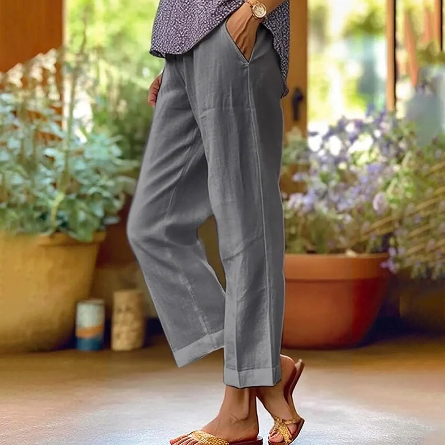 Hvyesh Women Cotton Linen Pants 2024 Summer Wide Leg Casual Loose High Waist Straight Lounge Pants Trousers with Pockets