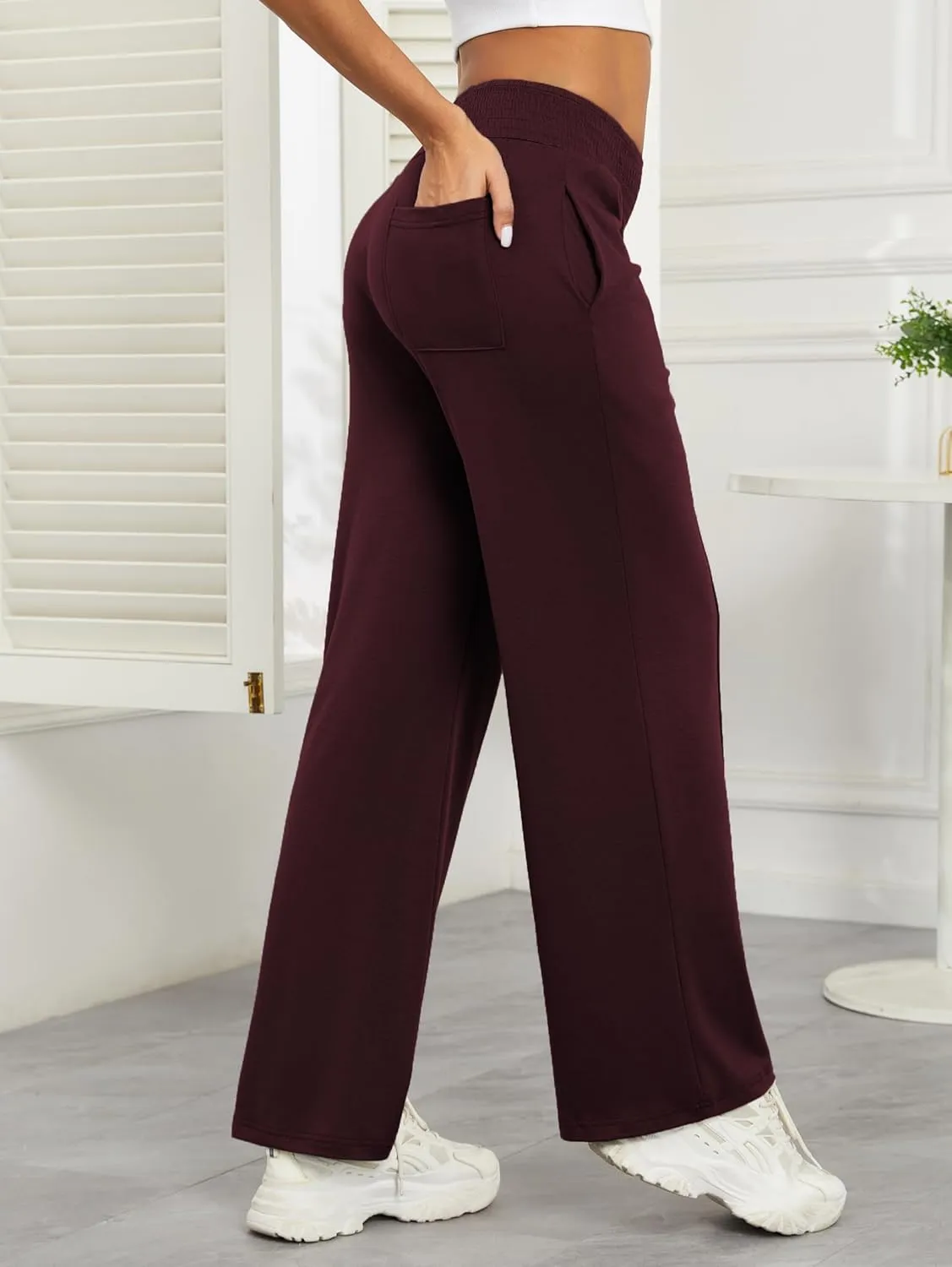 iChunhua Women's Smocked High Waist Wide Leg Pants Loose Casual Yoga Lounge Bottom Pajamas Trousers with Pockets