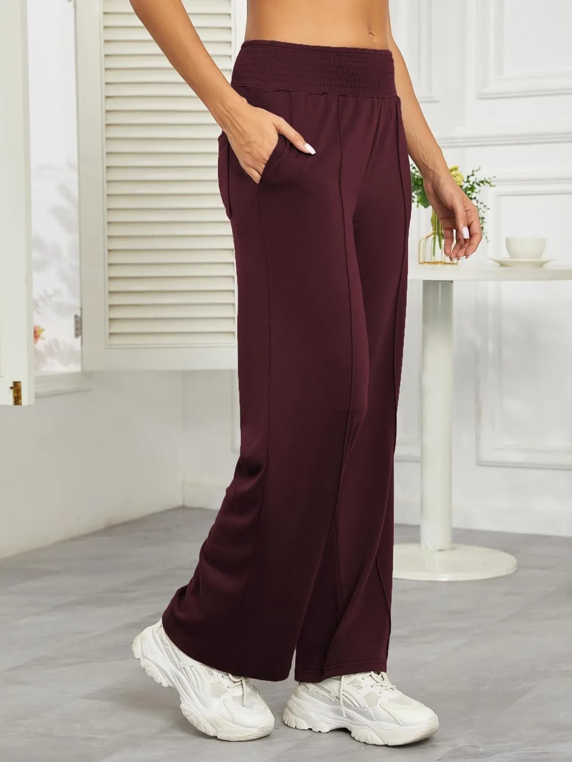 iChunhua Women's Smocked High Waist Wide Leg Pants Loose Casual Yoga Lounge Bottom Pajamas Trousers with Pockets