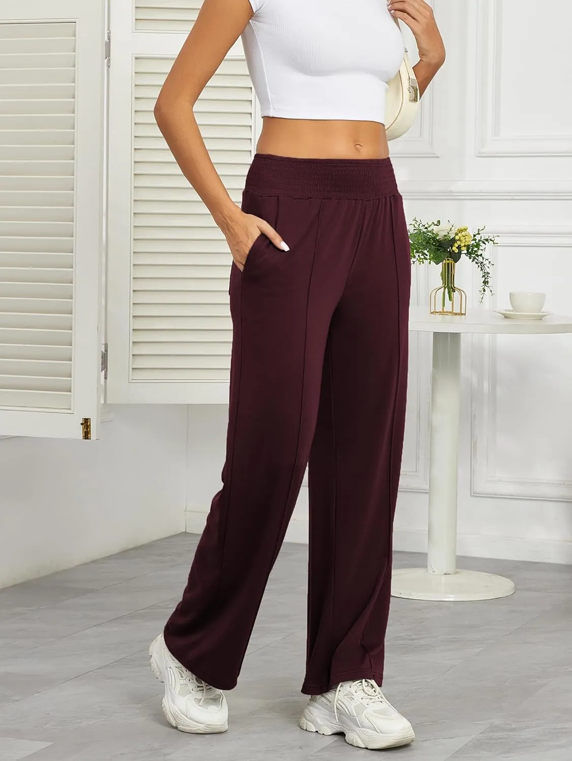 iChunhua Women's Smocked High Waist Wide Leg Pants Loose Casual Yoga Lounge Bottom Pajamas Trousers with Pockets