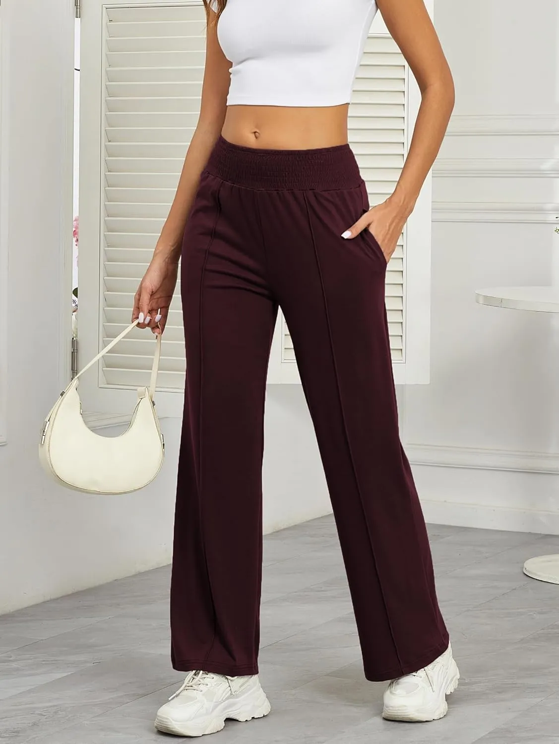 iChunhua Women's Smocked High Waist Wide Leg Pants Loose Casual Yoga Lounge Bottom Pajamas Trousers with Pockets