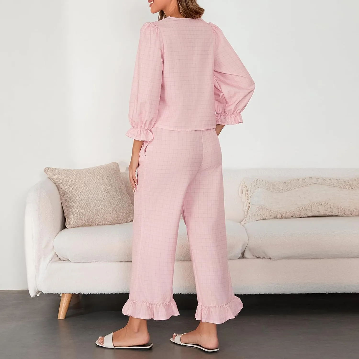 IMISSILLEB Women Tie Front Pajama Set Striped/Plaid Long Sleeve Lace Up Ruffle Babydoll Shirts and Pants 2 Piece Loungewear
