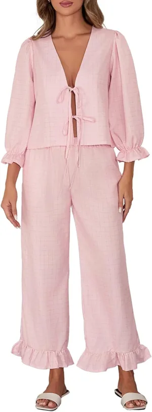 IMISSILLEB Women Tie Front Pajama Set Striped/Plaid Long Sleeve Lace Up Ruffle Babydoll Shirts and Pants 2 Piece Loungewear