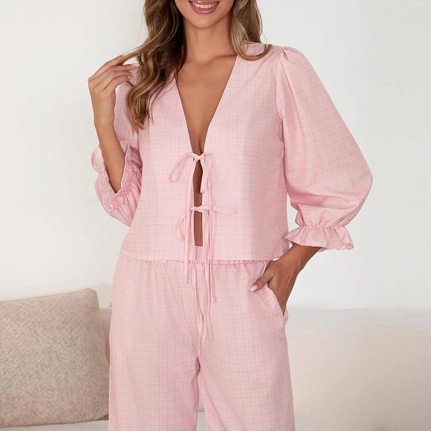 IMISSILLEB Women Tie Front Pajama Set Striped/Plaid Long Sleeve Lace Up Ruffle Babydoll Shirts and Pants 2 Piece Loungewear