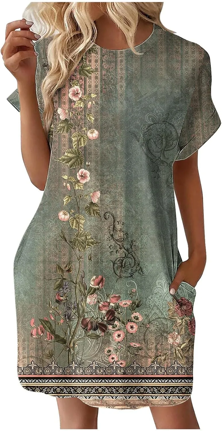 JJHAEVDY Summer Dresses for Women 2025 Short Sleeve Crewneck T-Shirt Dress Solid Color Loose Dresses Basic Short Dress Pajama