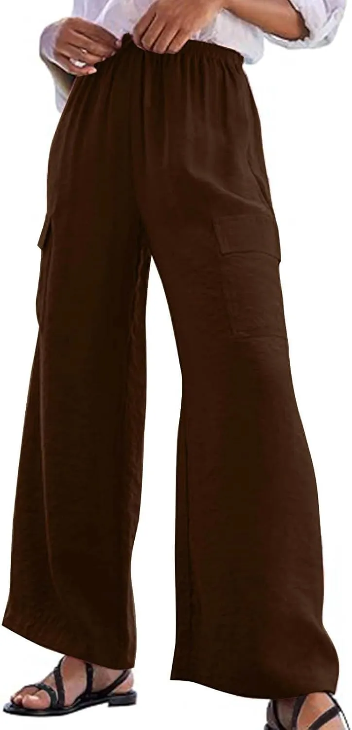 jovati High Waist Pants for Womens Linen Wide Leg Drawstring Waist Trousers Boho Business Casual Pants with Pockets