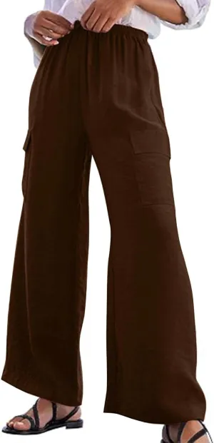 jovati High Waist Pants for Womens Linen Wide Leg Drawstring Waist Trousers Boho Business Casual Pants with Pockets