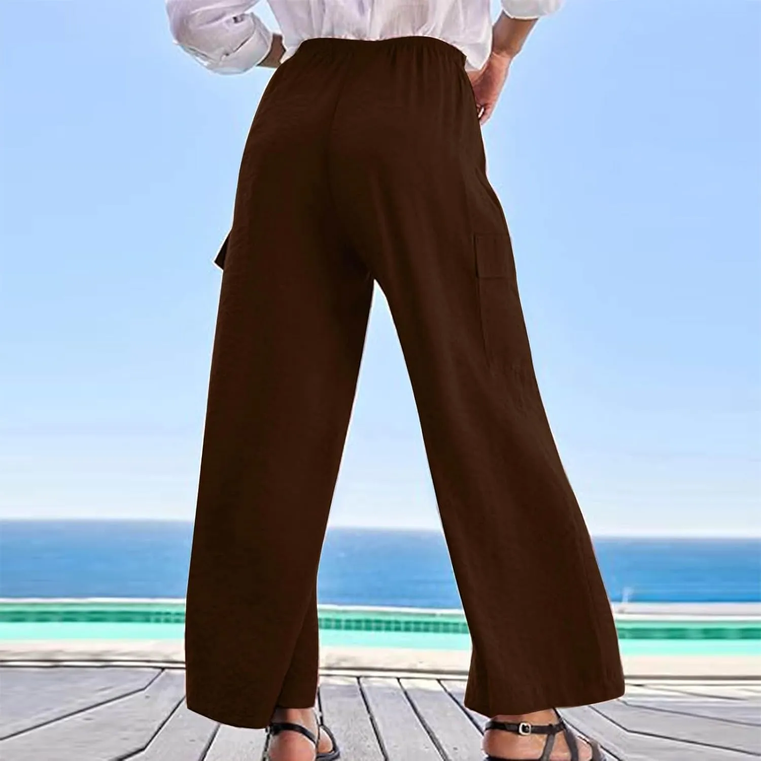 jovati High Waist Pants for Womens Linen Wide Leg Drawstring Waist Trousers Boho Business Casual Pants with Pockets