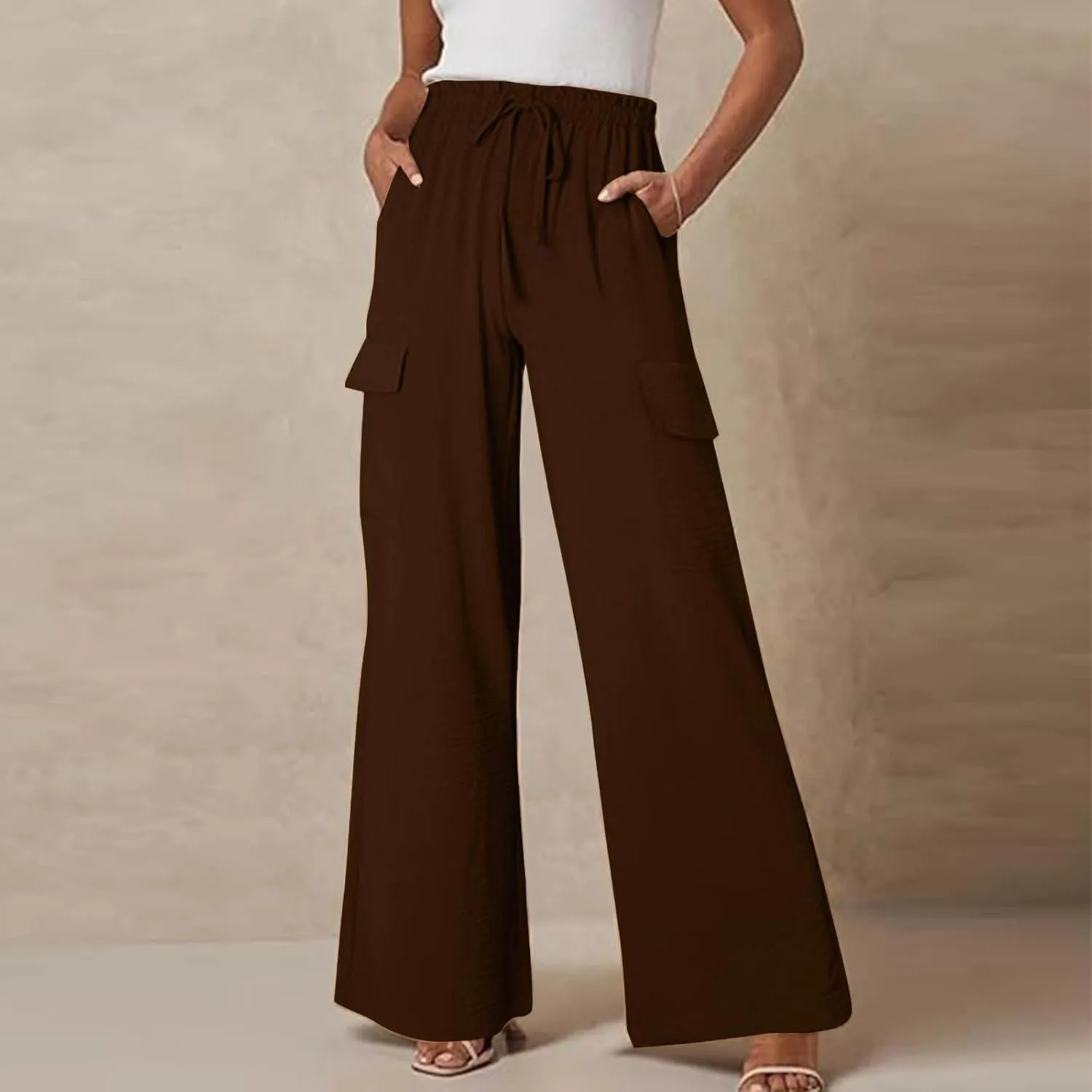 jovati High Waist Pants for Womens Linen Wide Leg Drawstring Waist Trousers Boho Business Casual Pants with Pockets