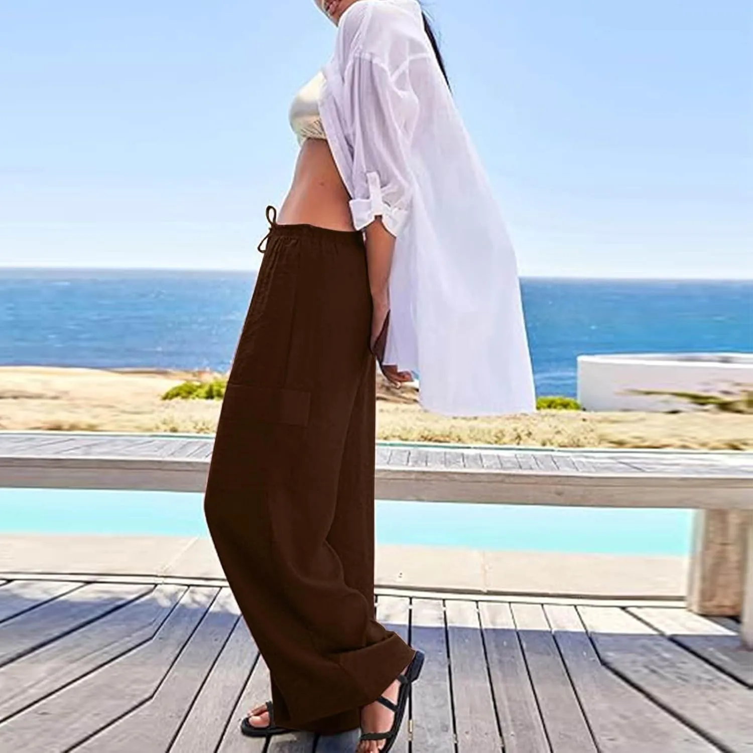 jovati High Waist Pants for Womens Linen Wide Leg Drawstring Waist Trousers Boho Business Casual Pants with Pockets