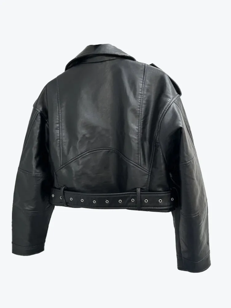 Lapel Zipper Moto Jacket with Belt