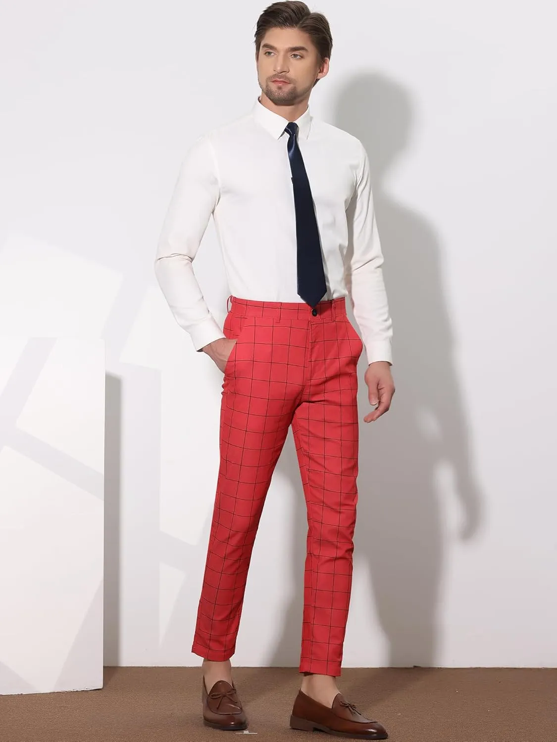 Lars Amadeus Men's Dress Plaid Slim Fit Flat Front Business Pants with Pockets