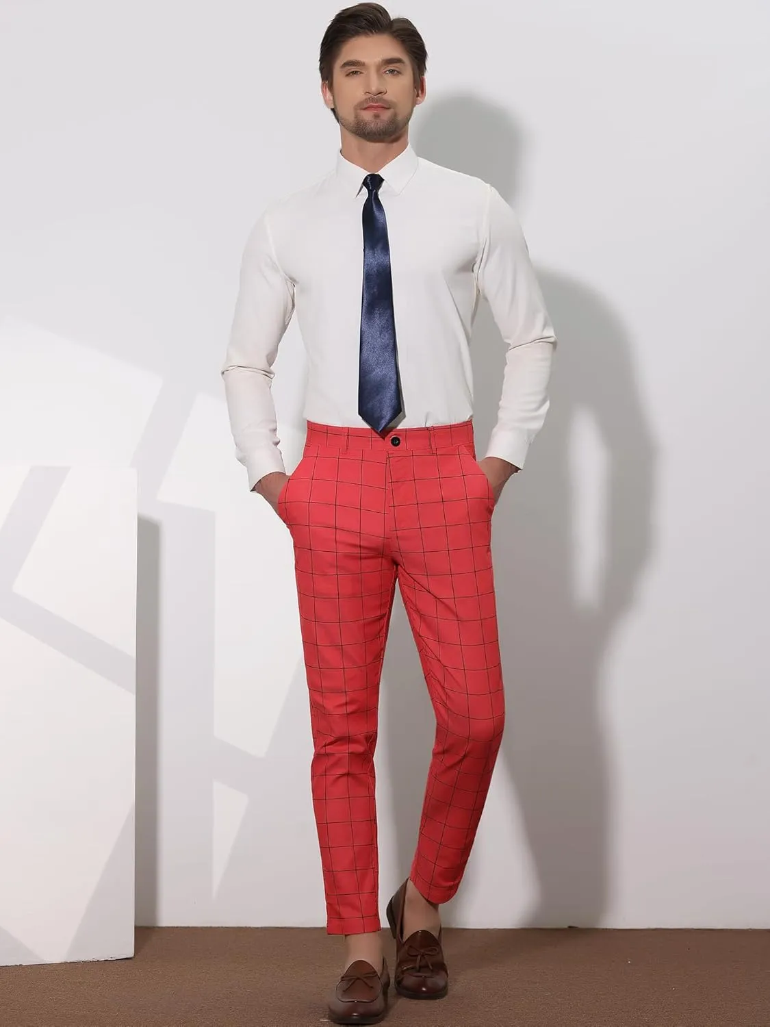 Lars Amadeus Men's Dress Plaid Slim Fit Flat Front Business Pants with Pockets