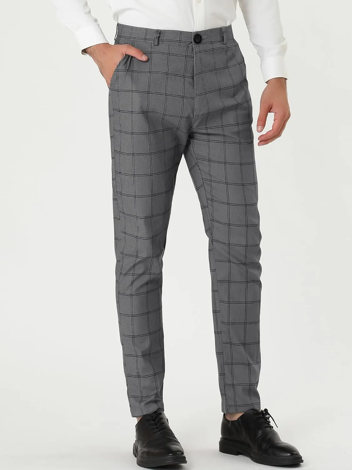 Lars Amadeus Men's Dress Plaid Slim Fit Flat Front Business Pants with Pockets
