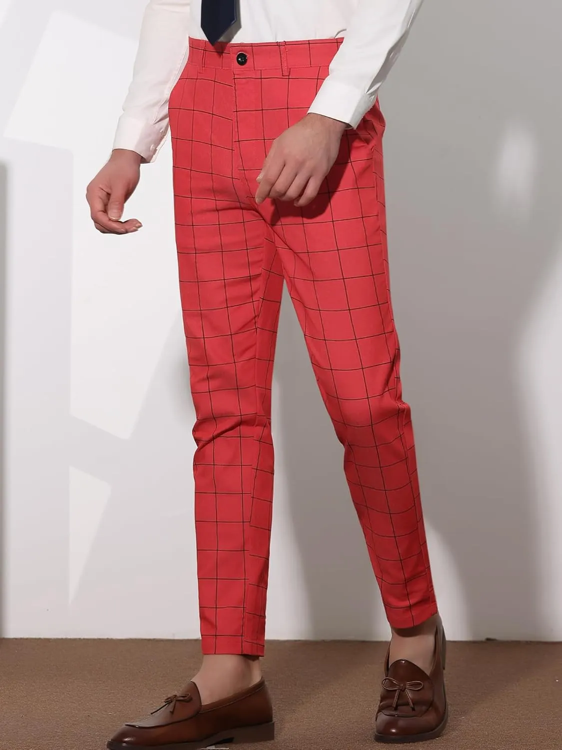 Lars Amadeus Men's Dress Plaid Slim Fit Flat Front Business Pants with Pockets