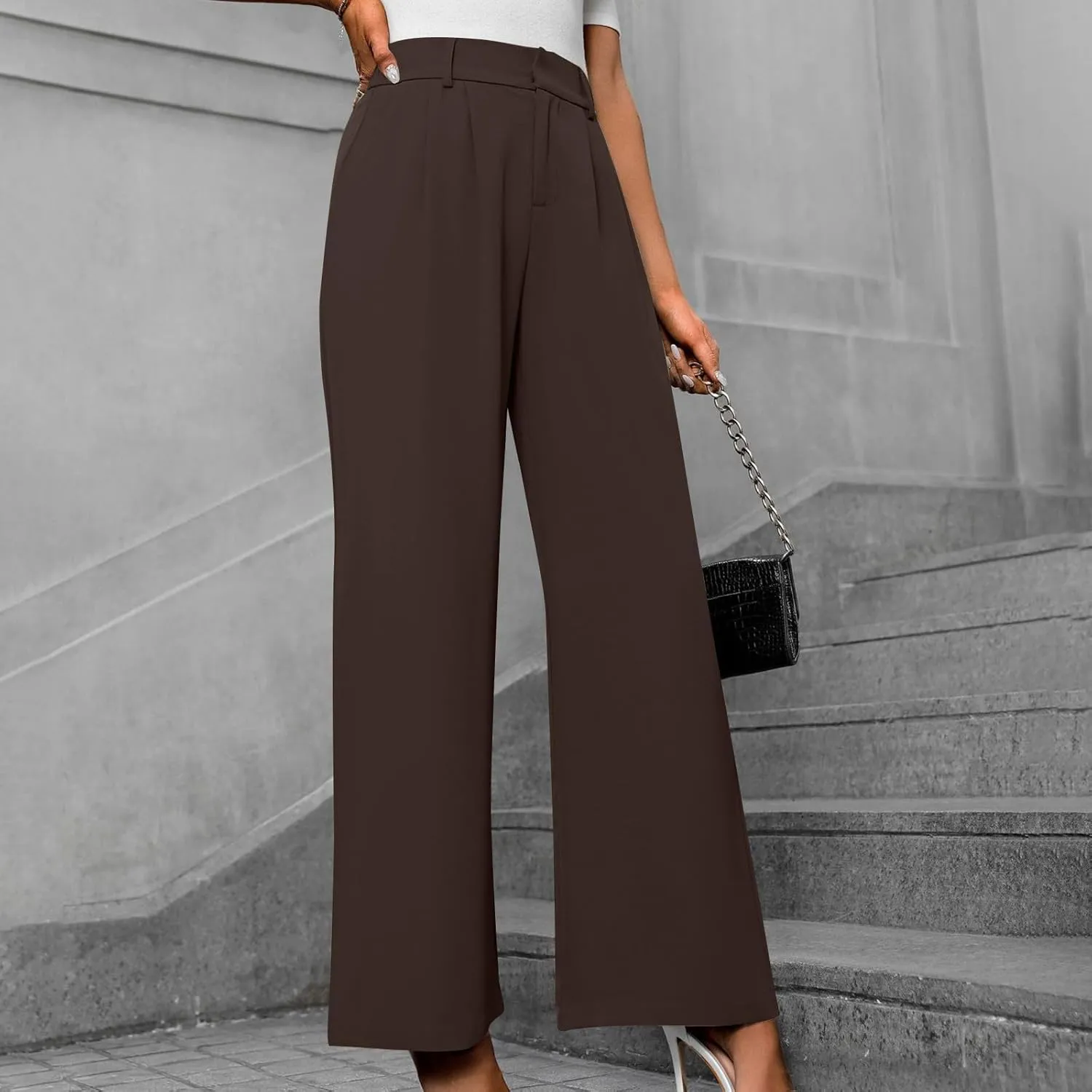 Lastesso Pants for Women Solid Straight Wide Leg Trousers with Pcoekts High Waisted Baggy Business Casual Suit Pants