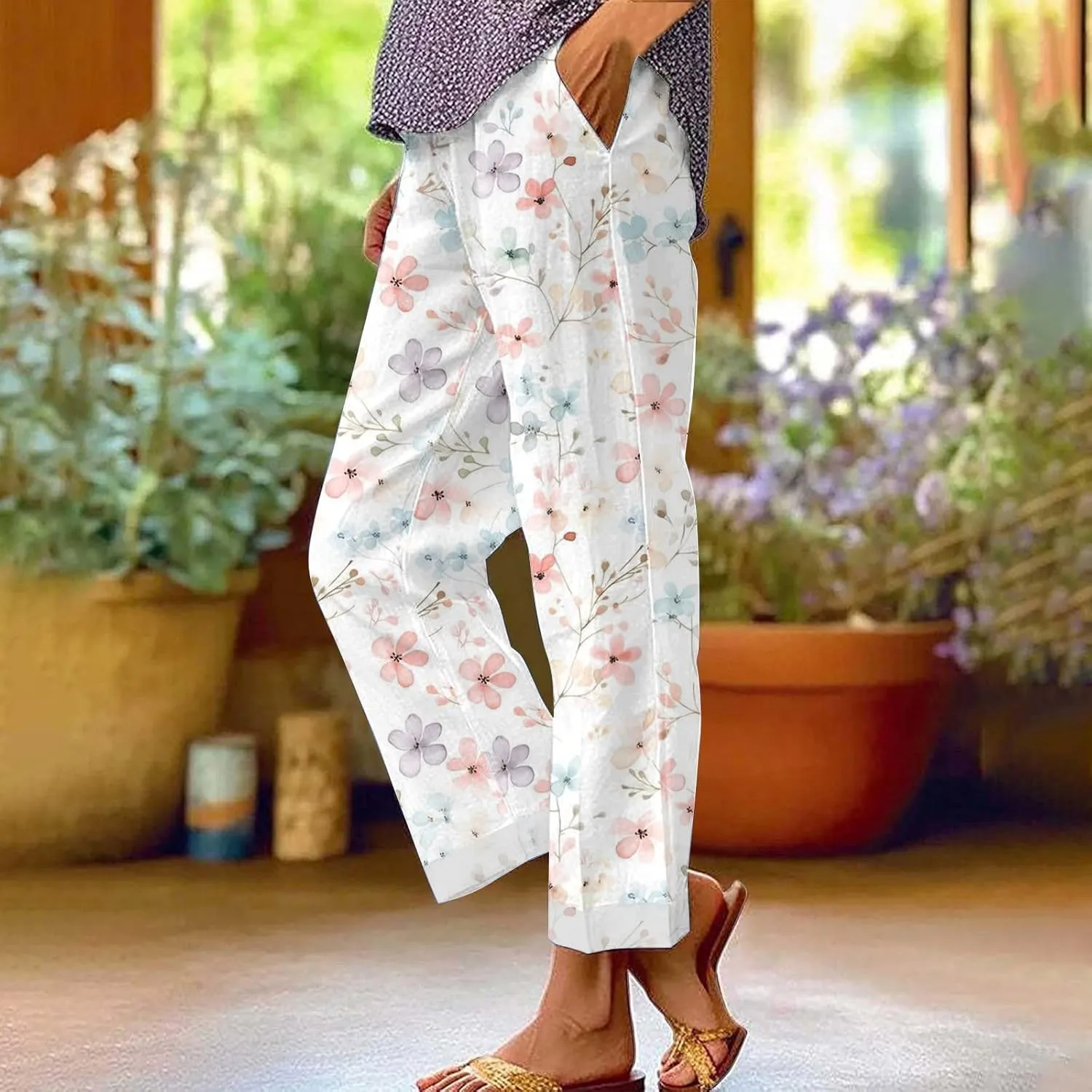 LCMTWX Women's Linen Pants Solid Elastic Pants Long Drawstring Linen Women Waist Cotton Casual Drawstring Trousers with