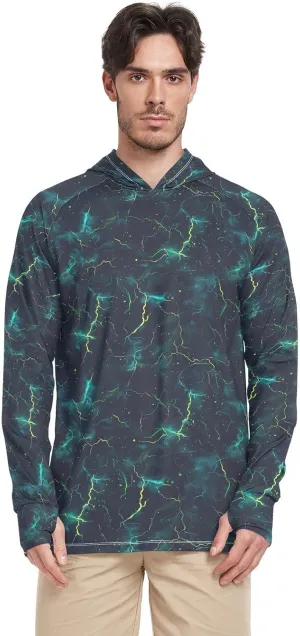 Lightning Bolts Green Blue Sun Shirt Hoodie For Men Long Sleeve Sun Shirt With Hood UPF 50  Quick Dry UV Rash Guard Hooded Sunproof Shirts camisas para trabajo