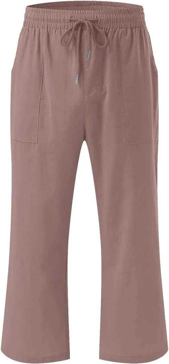 Linen Capri Pants for Women Casual 2025 Summer Drawstring Elastic High Waist Capris Wide Leg Cropped Trousers
