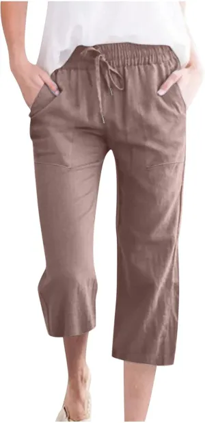 Linen Capri Pants for Women Casual 2025 Summer Drawstring Elastic High Waist Capris Wide Leg Cropped Trousers