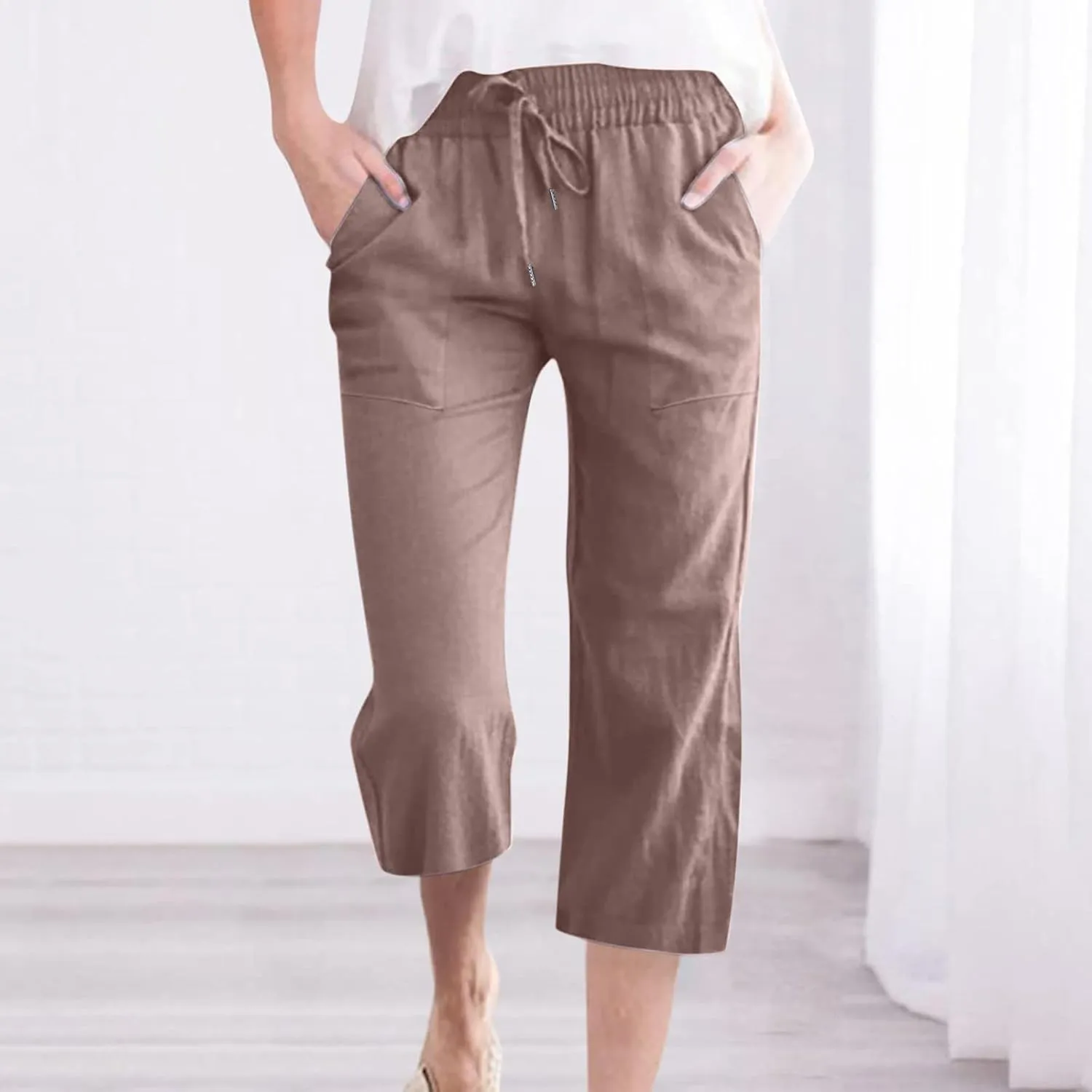Linen Capri Pants for Women Casual 2025 Summer Drawstring Elastic High Waist Capris Wide Leg Cropped Trousers