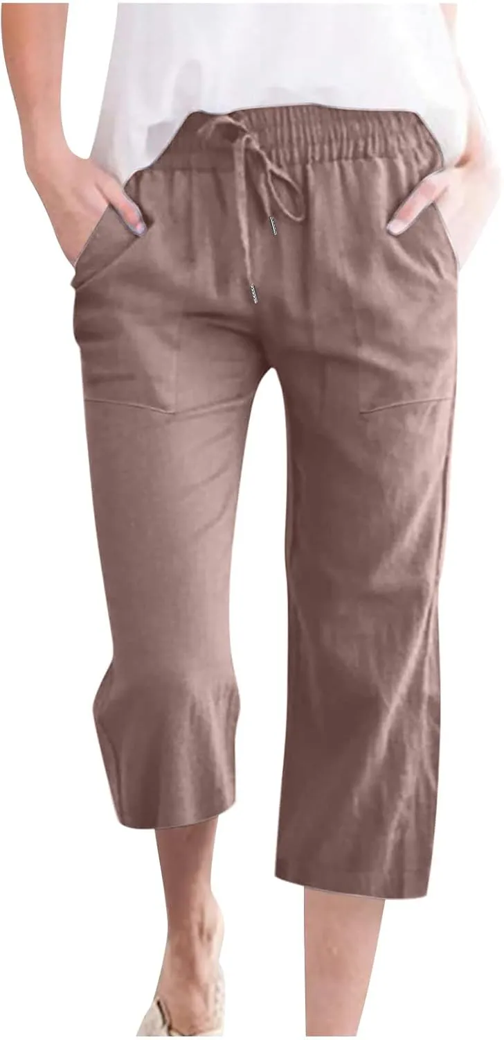 Linen Capri Pants for Women Casual 2025 Summer Drawstring Elastic High Waist Capris Wide Leg Cropped Trousers