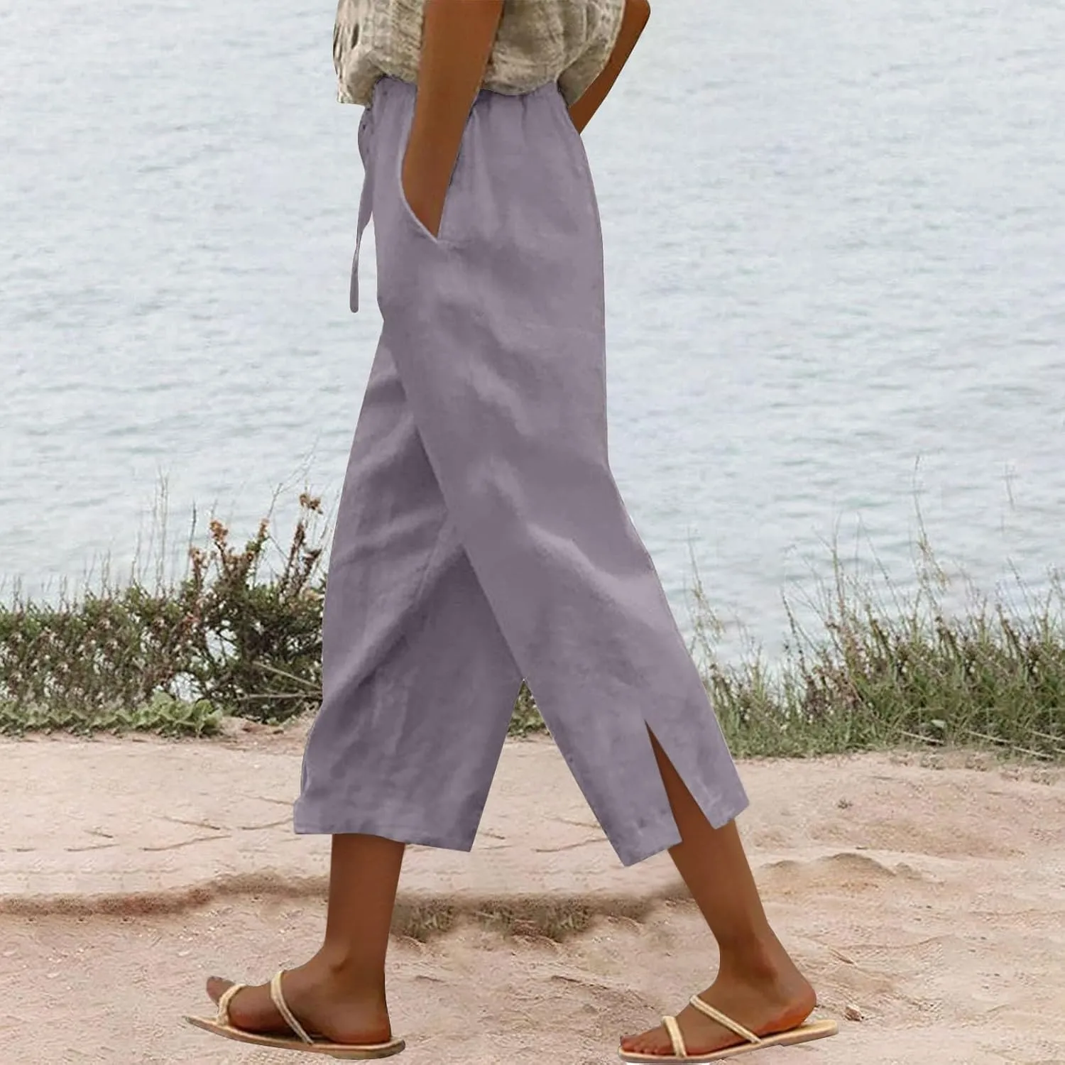 Linen Pants for Women 2025 Cotton Linen Elastic Seven Pants Beach Casual Pants Linen Trousers with Side Pockets