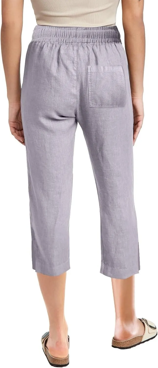 Linen Pants for Women 2025 Cotton Linen Elastic Seven Pants Beach Casual Pants Linen Trousers with Side Pockets