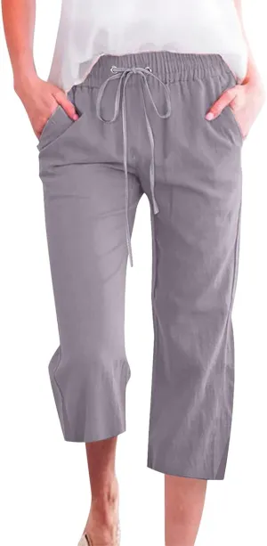 Linen Pants for Women 2025 Cotton Linen Elastic Seven Pants Beach Casual Pants Linen Trousers with Side Pockets