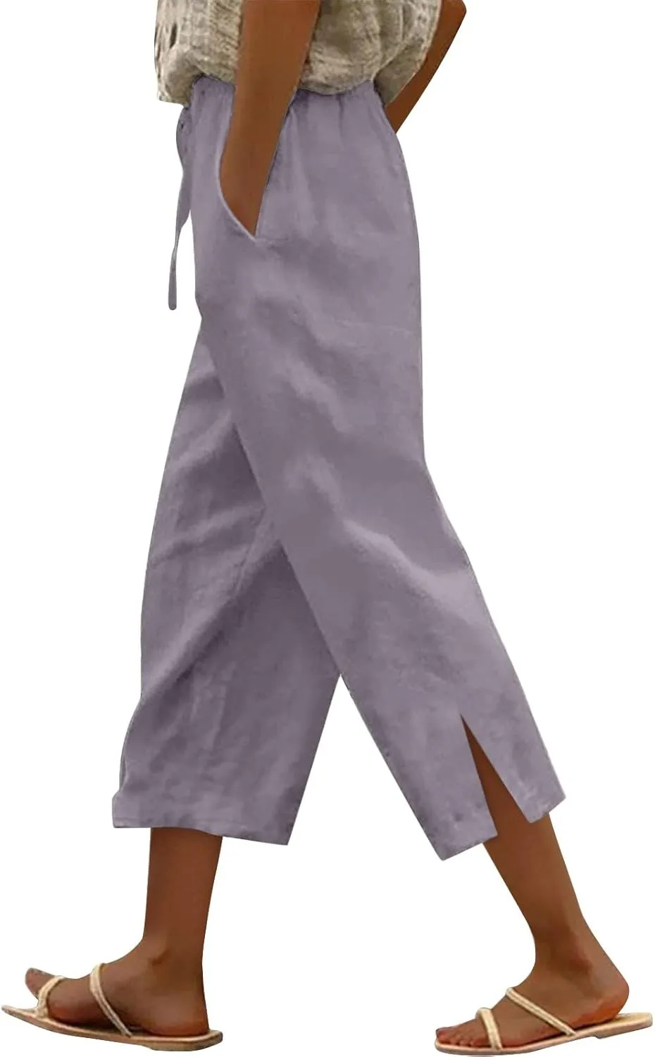 Linen Pants for Women 2025 Cotton Linen Elastic Seven Pants Beach Casual Pants Linen Trousers with Side Pockets