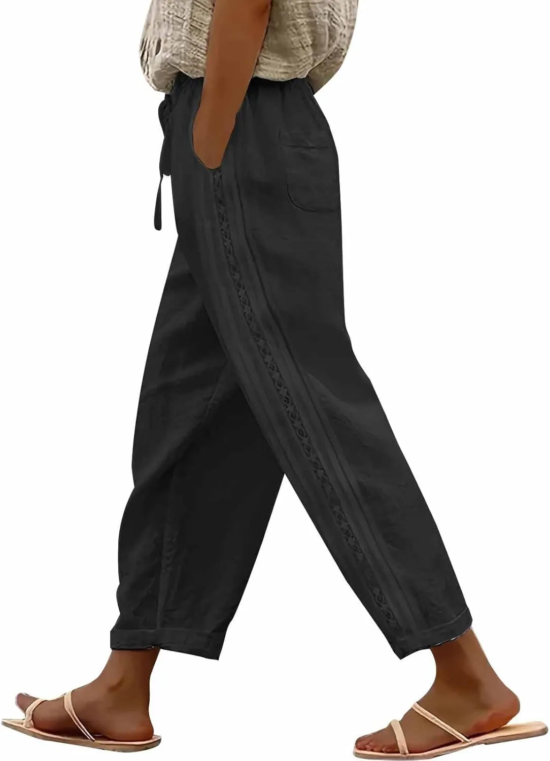 Linen Pants for Women 2025 Summer High Waist Elastic Straight Leg Lounge Pant Casual Loose Beach Lightweight Trousers