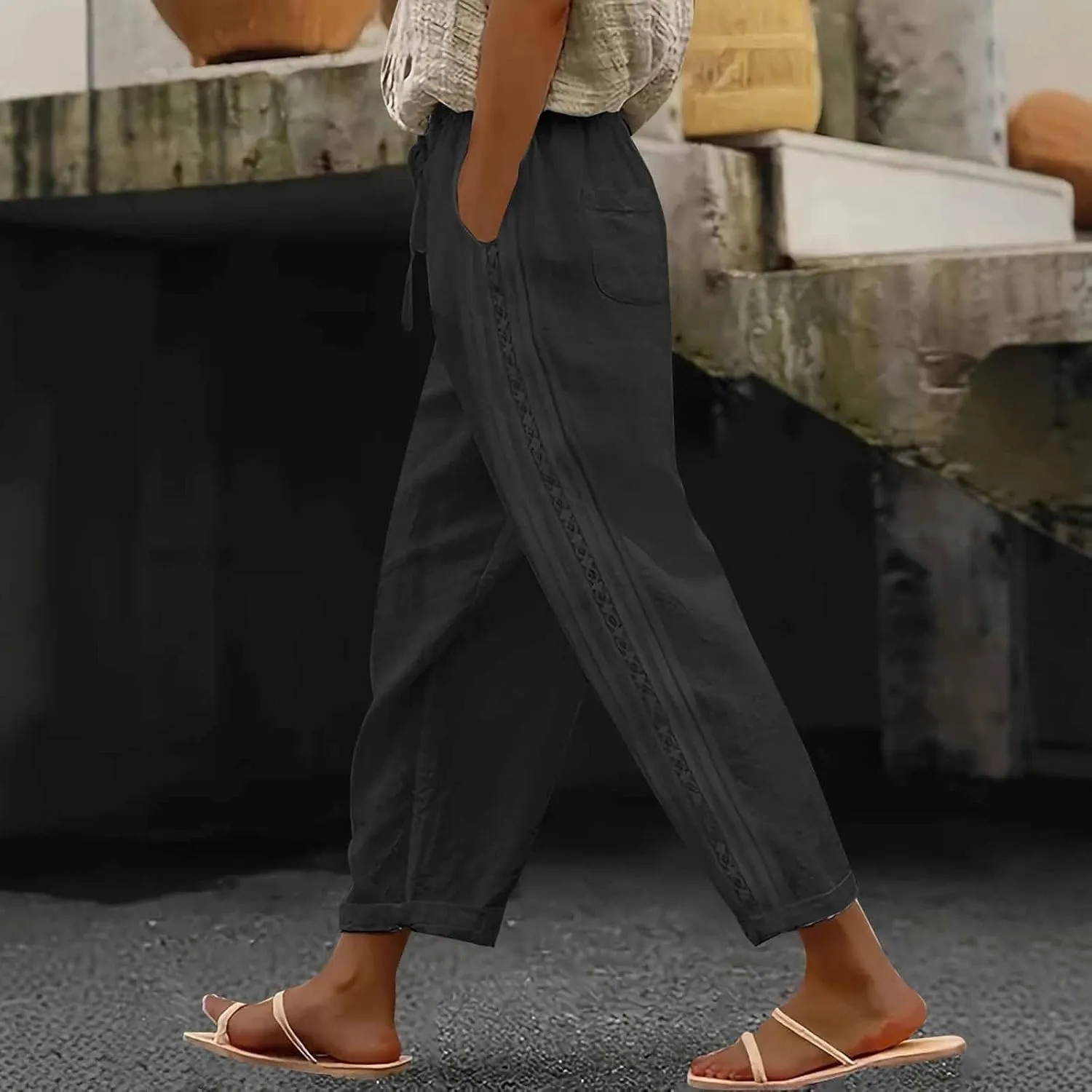 Linen Pants for Women 2025 Summer High Waist Elastic Straight Leg Lounge Pant Casual Loose Beach Lightweight Trousers