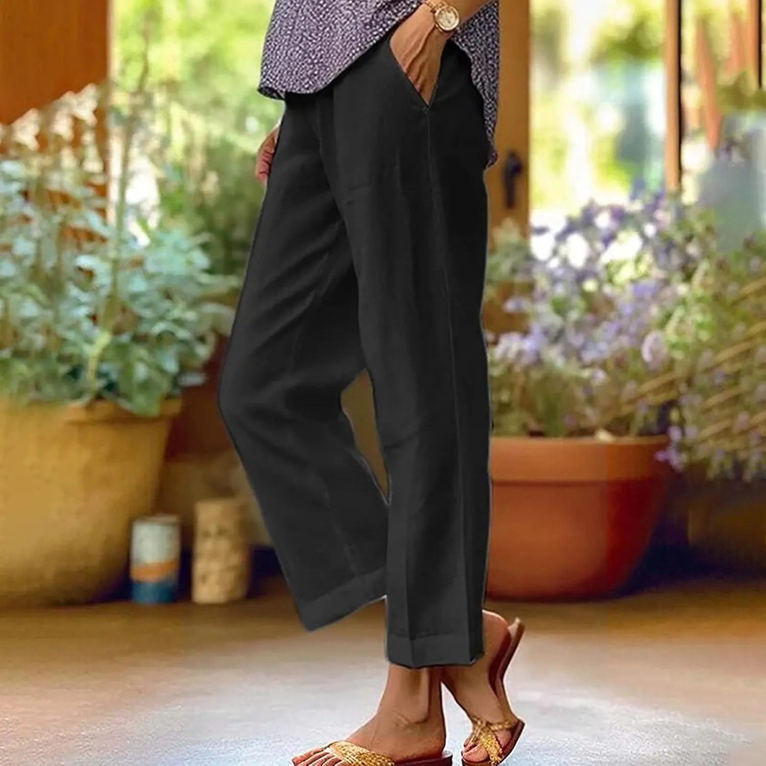 Linen Pants for Women Elastic High Waist Summer Capri Pants Straight Leg Loose Casual Cropped Trousers with Pockets