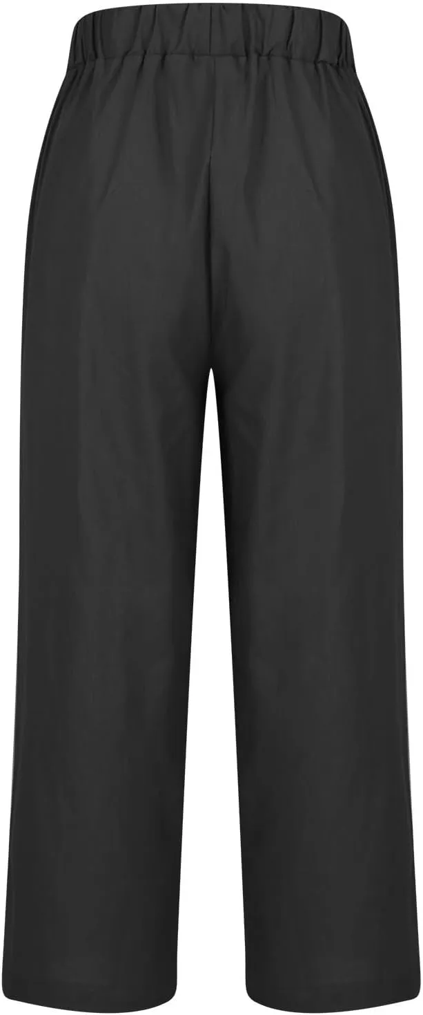 Linen Pants for Women Elastic High Waist Summer Capri Pants Straight Leg Loose Casual Cropped Trousers with Pockets