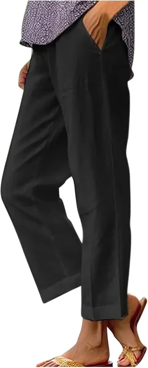Linen Pants for Women Elastic High Waist Summer Capri Pants Straight Leg Loose Casual Cropped Trousers with Pockets