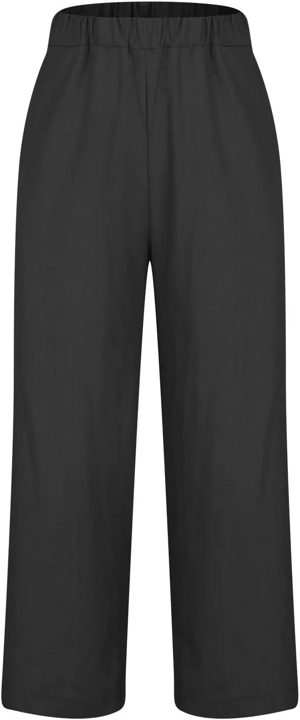 Linen Pants for Women Elastic High Waist Summer Capri Pants Straight Leg Loose Casual Cropped Trousers with Pockets