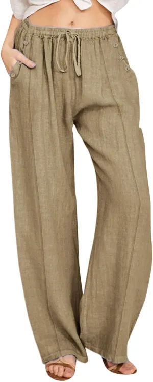Linen Pants for Women Summer Elastic Waisted Wide Leg Palazzo Drawsting Pants Loose Beach Vacation Trousers