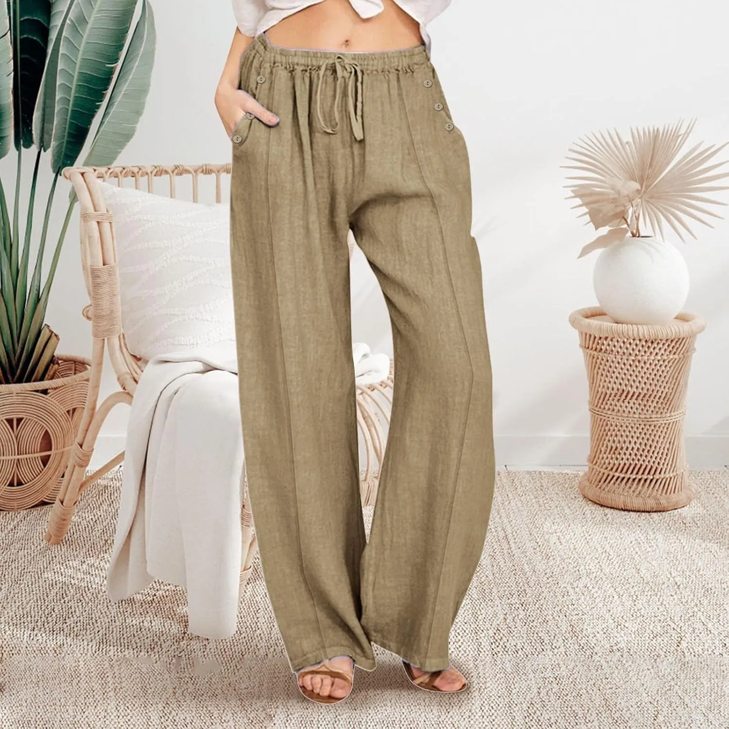 Linen Pants for Women Summer Elastic Waisted Wide Leg Palazzo Drawsting Pants Loose Beach Vacation Trousers