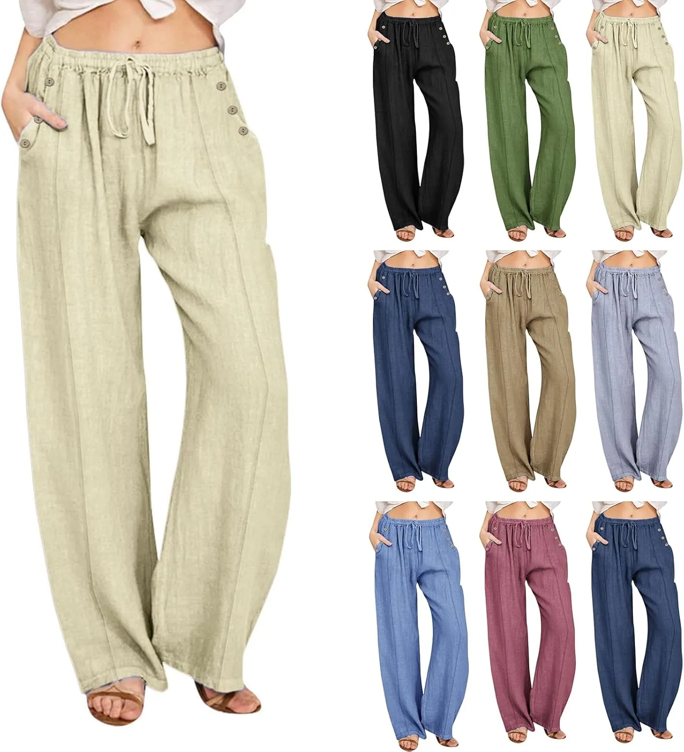 Linen Pants for Women Summer Elastic Waisted Wide Leg Palazzo Drawsting Pants Loose Beach Vacation Trousers