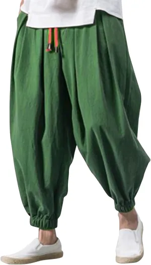 Linen Pants Men Drawstring Waist Elastic Bottom Lounge Pants 2025 Summer Loose Fit Boho Harem Pants Hippie Clothes