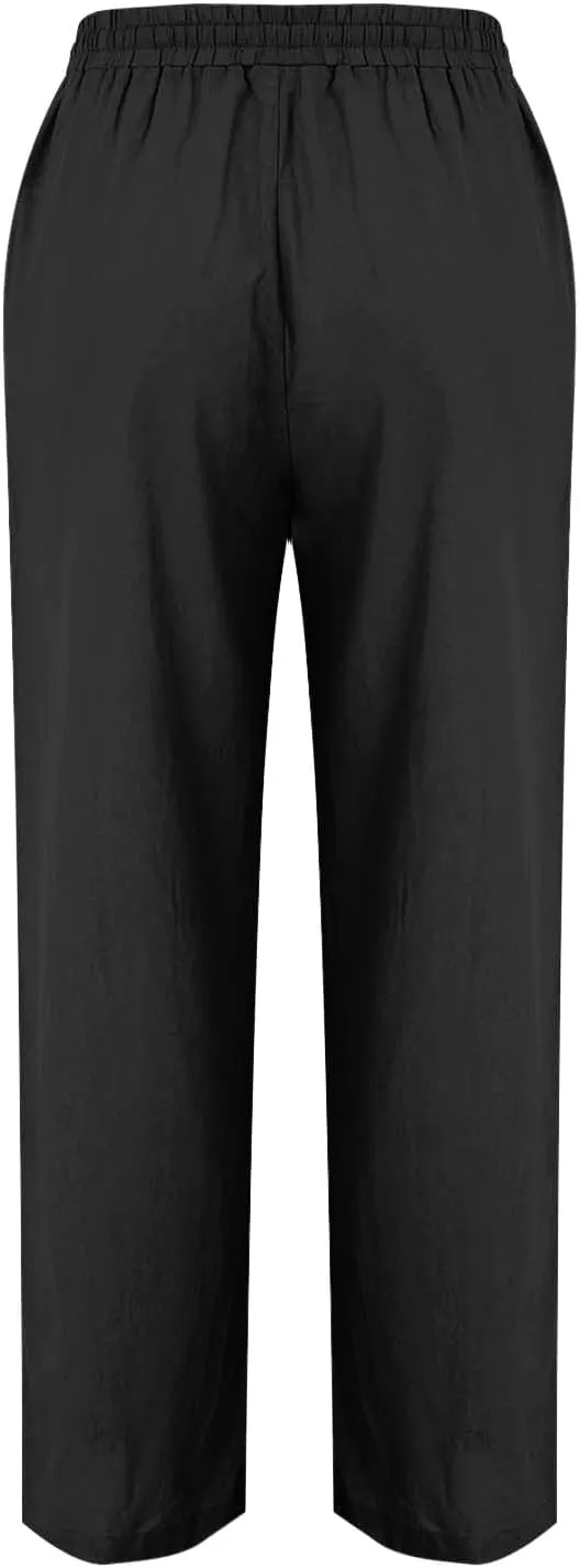 Linen Pants Women 2025 Summer Elastic Waist Straight Leg Trousers Loose Fit Flowy Casual Beach Palazzo with Pocket