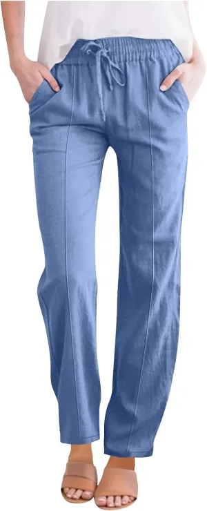 Linen Pants Women 2025 Summer Elastic Waist Straight Leg Trousers Loose Fit Flowy Casual Beach Palazzo with Pocket