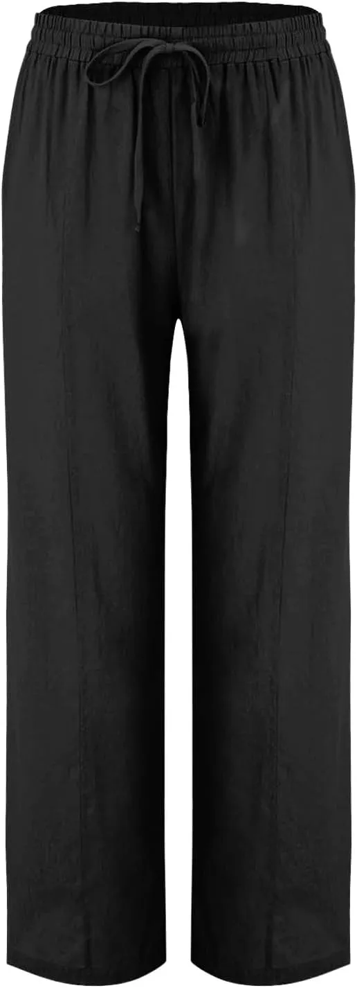 Linen Pants Women 2025 Summer Elastic Waist Straight Leg Trousers Loose Fit Flowy Casual Beach Palazzo with Pocket